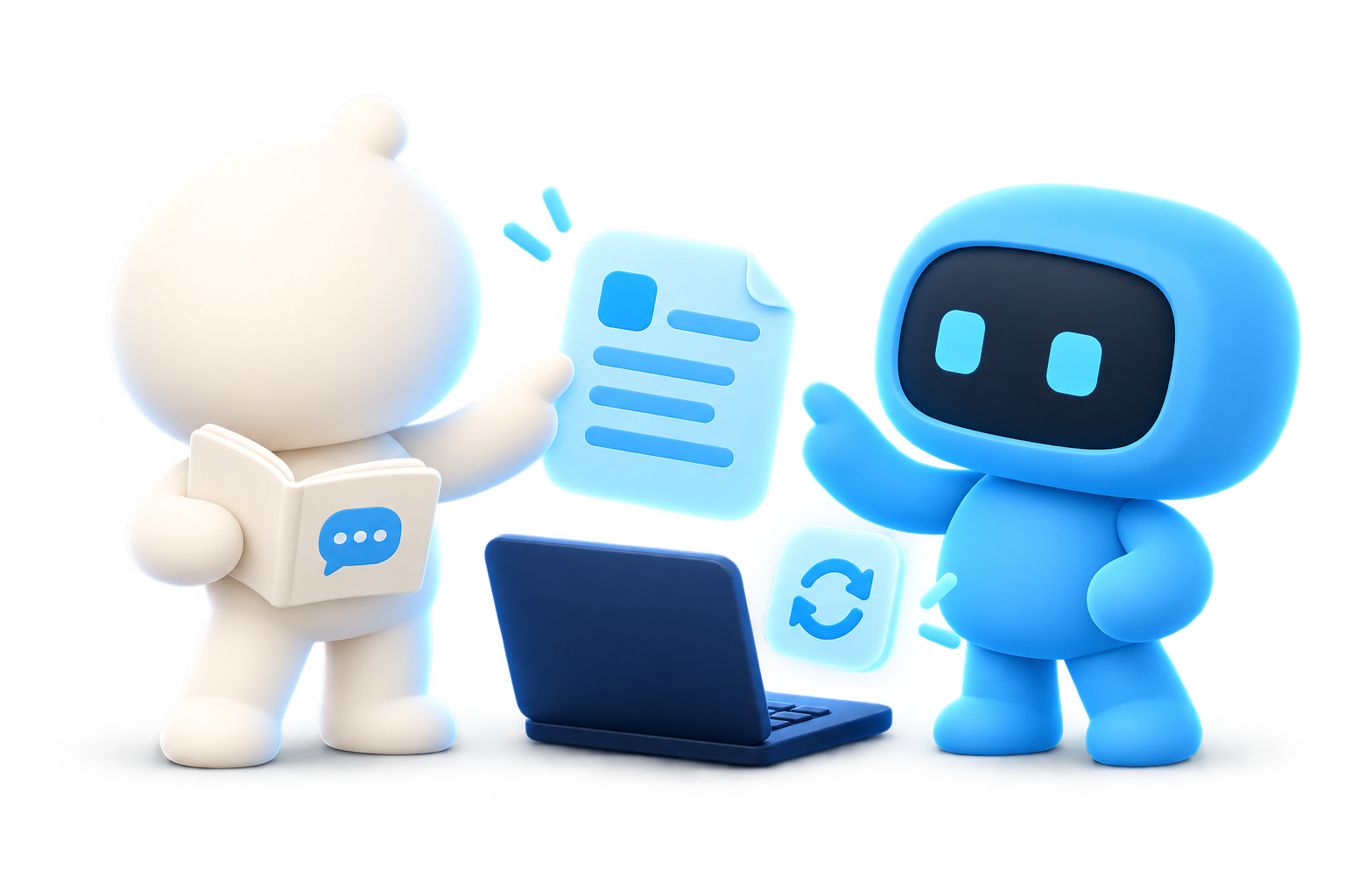 A human and AI character looking at a laptop, guides, and update cards together.
