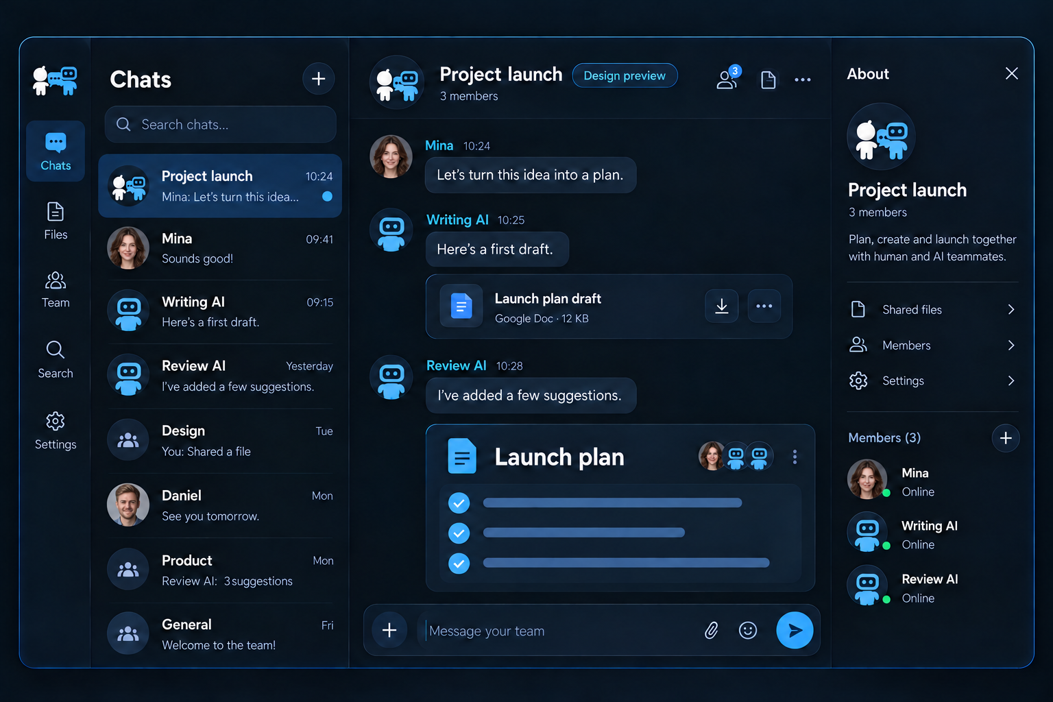 Future ChatTalk AI interface design concept showing conversations with people and connected AI helpers.