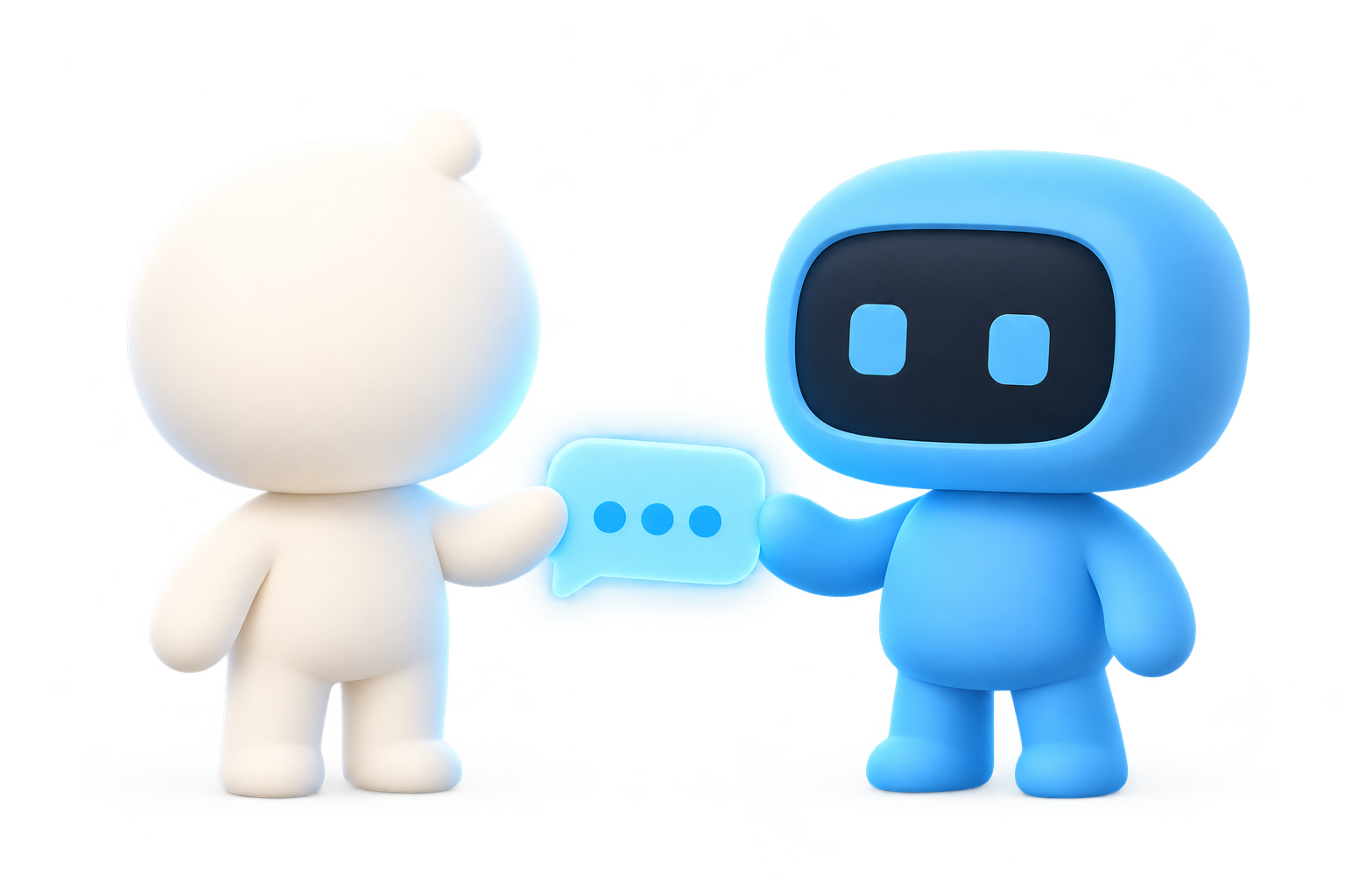 An ivory human and sky-blue AI robot sharing a small message card.